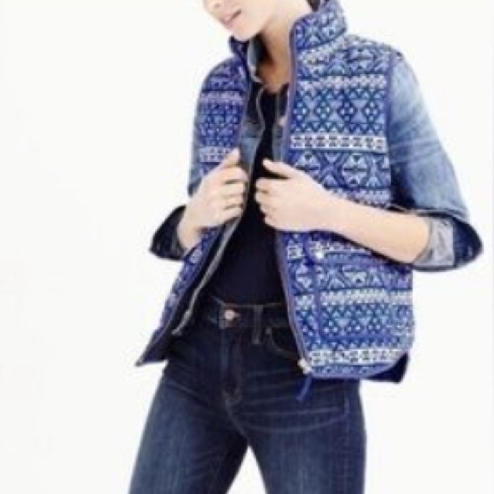 J. CREW Puffer Down Vest Women's XS Blue Fair Isle Waterfowl Feather Cabincore